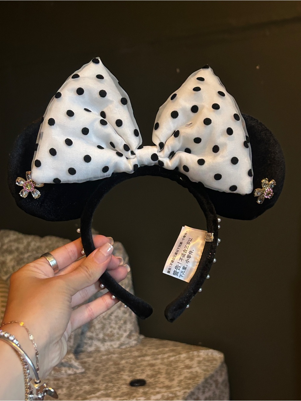 Polka Dot Bow Minnie Ear Headband - Black & White